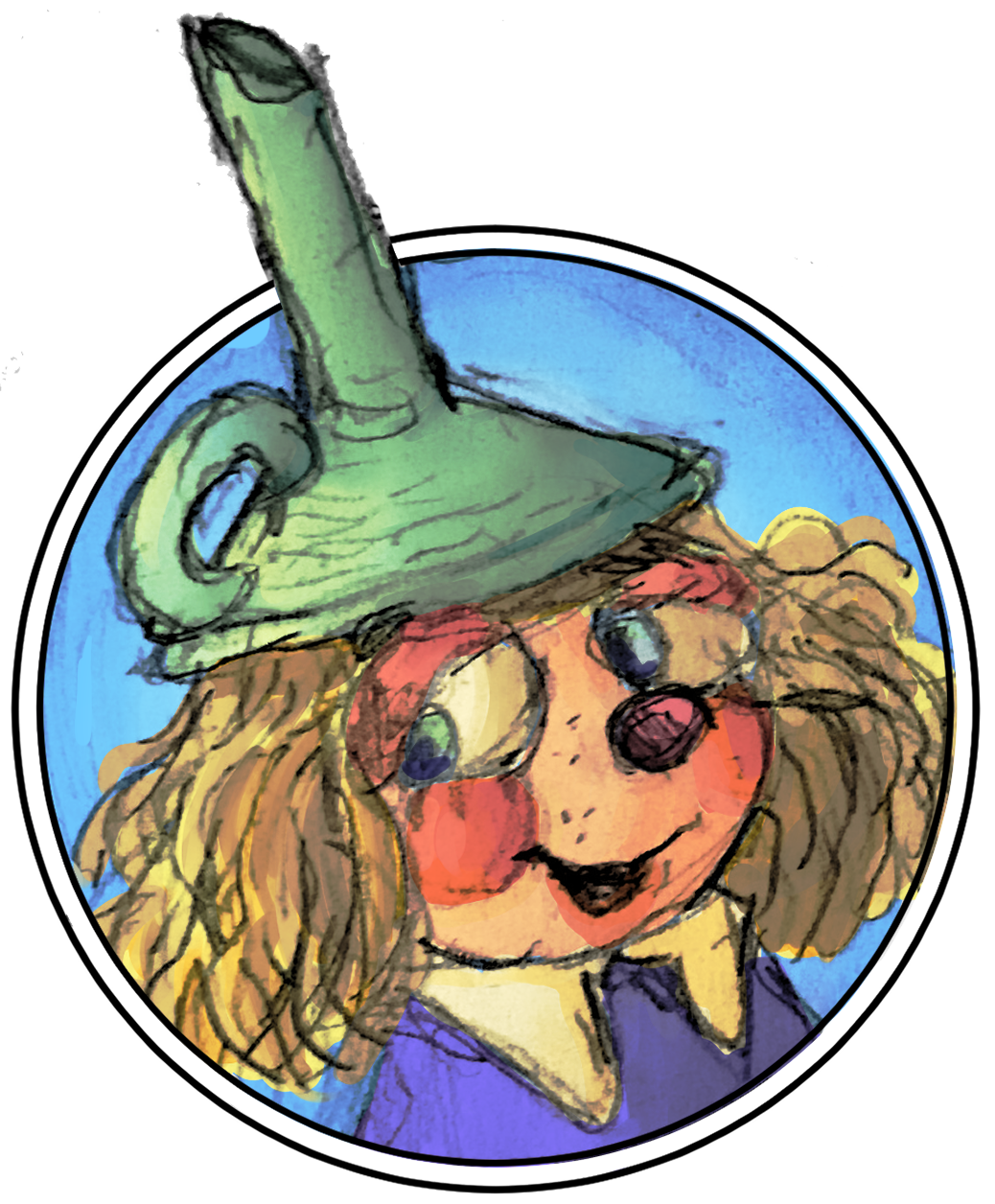 Character with a funnel hat inside a circle